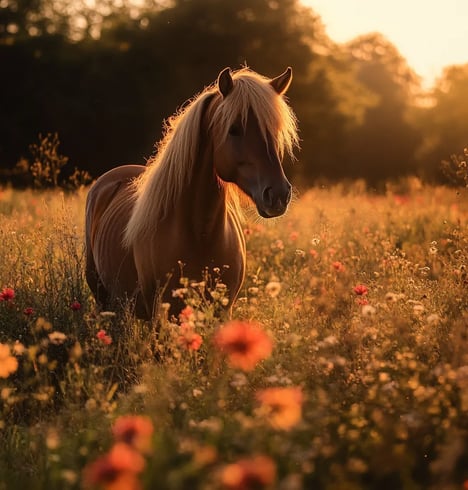 Paard in een weide met bloemen