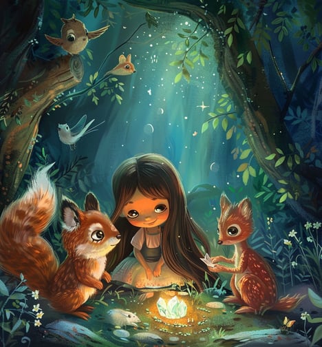 a girl with a crystal in an enchanted forest