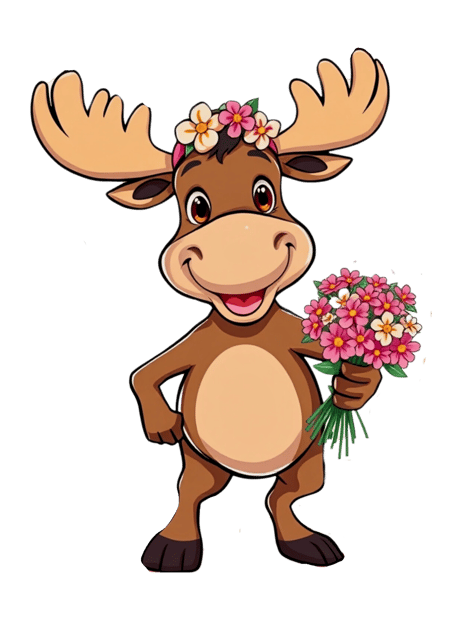 a moose with a flower crown on its head holding flowers.  