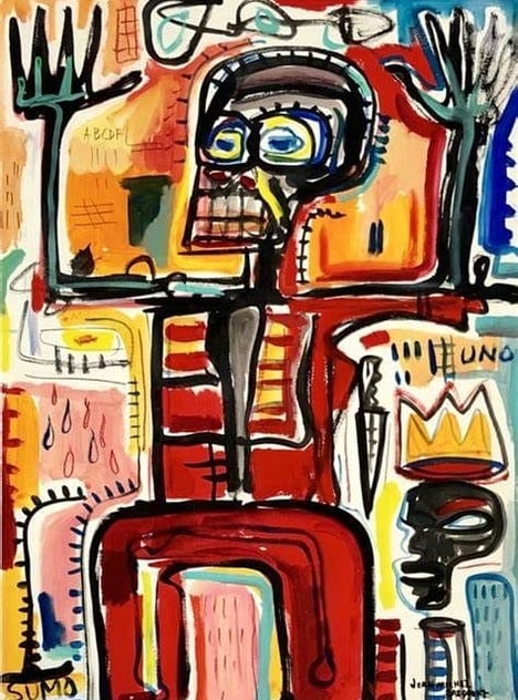 Pintura de Jean-Michel Basquiat com uma caveira como elemento central.