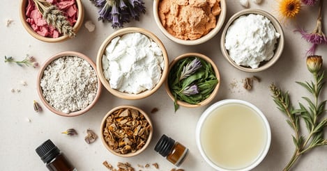 various herbs, clays , and essential oils for soapmaking
