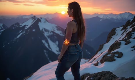 A woman stands high above the mountains with a compass that gives her clear purpose & direction
