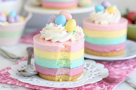 a rainbow layered cheesecake - colored cheesecake on a plate