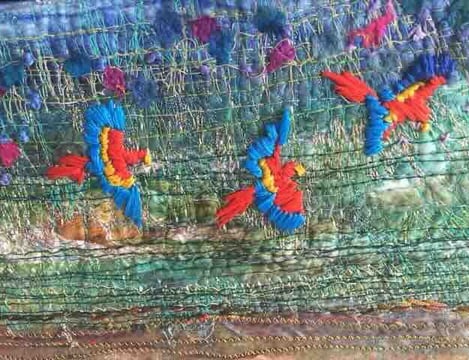 Parrots on Amazon Riverbank, freemotion & hand emb