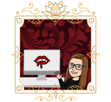 a woman with glasses in front of a computer with a red lips logo in a victorian frame