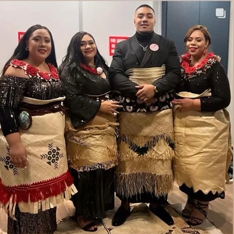 Family posing in their ta'ovala for a 21st celebration in Sunnybank Hills, Brisbane.