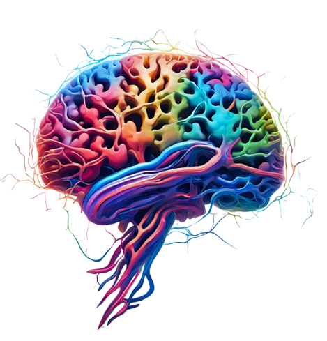 Imagem artística de cérebro humano com cores vibrantes,destacando conexões e rede neural complexa.