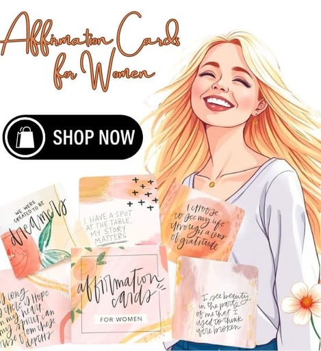 a woman with a flower in her hand, and a card with a message about