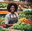 A vibrant market stall displays a colorful array of fresh vegetables including carrots, cucumbers, radishes, red peppers, and eggplants. Lush bunches of parsley and lettuce add greenery. Two chalkboard signs denote prices in French. The background features a striped awning and a blurry street scene.