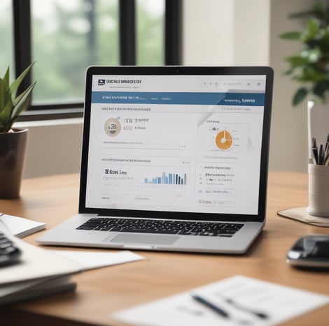 A laptop displays a credit score website with a score of 825, labeled as excellent, set on a wooden table with a smartphone nearby. Dark leafy plant elements are blurred in the background.
