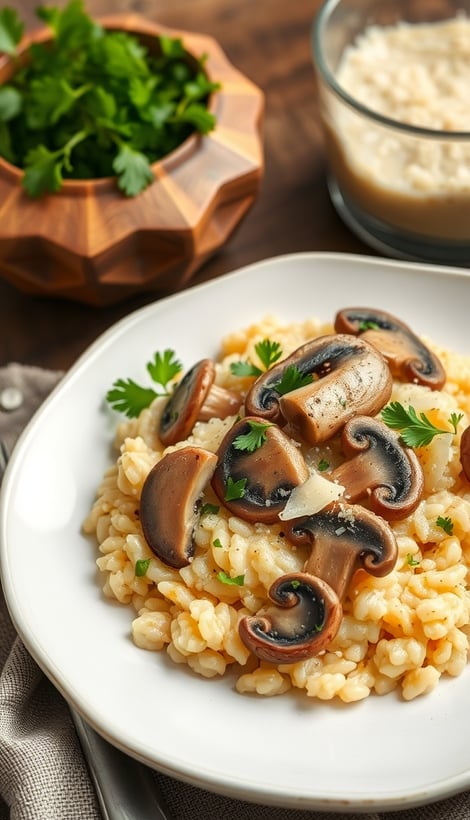 a plate of food with mushrooms and rice