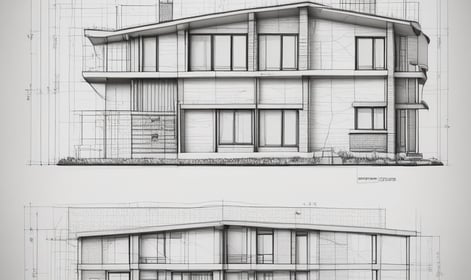 a drawing of a building with a large building in the background