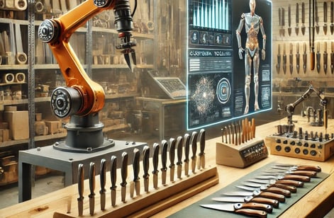 Custom knife workshop with AI technology and traditional tools on a modern workbench.