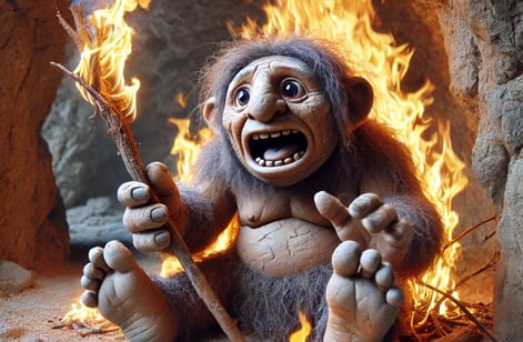 Cave troll accidentally on fire, looking shocked.