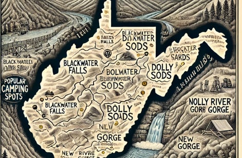 Illustrated map of West Virginia camping spots, including Blackwater Falls, Dolly Sods, and New River Gorge.