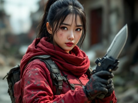 asian woman holding combat knife wearing a red coat