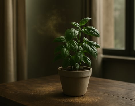 Basilic exprimant un arôme unique dans un salon avec une belle table en bois et un pot nature