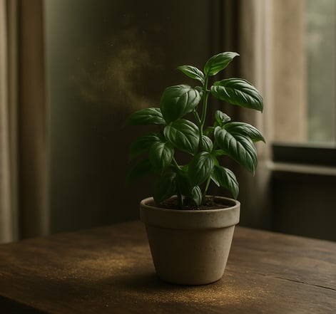 Basilic exprimant un arôme unique dans un salon avec une belle table en bois et un pot nature