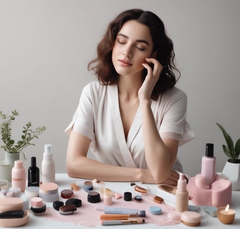 Various beauty and skincare products are neatly arranged on a white dressing table with a round mirror. The assortment includes perfumes, creams, and boxes, some with recognizable labels. Next to the mirror, a book sits with a decorative item resembling cotton branches in the background.