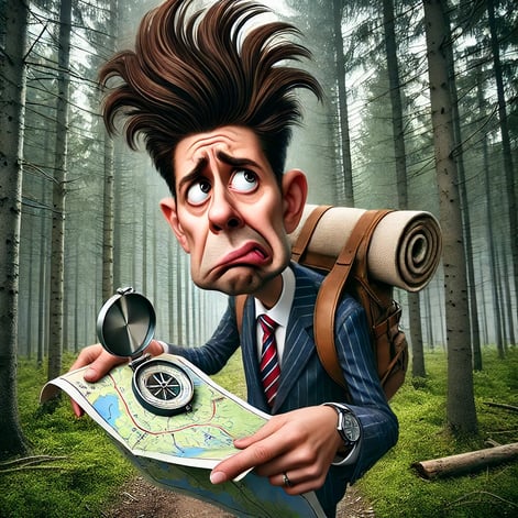 Caricature of a businessman lost in the forest, holding an upside-down map with an exaggerated hairstyle and a confused look.