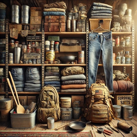 Goodwill thrift store aisle with essential prepper items like jeans, cast iron cookware, blankets, and tools