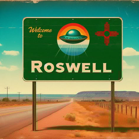 a highway sign that says welcome to Roswell