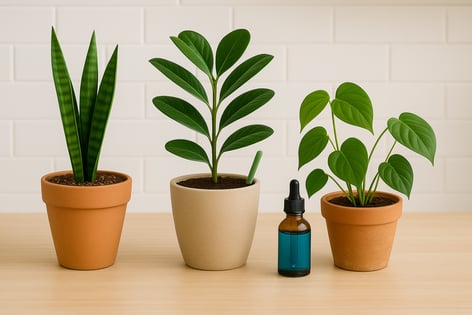 Three houseplants with liquid, granular, spike, and organic fertilizers on a wooden surface.