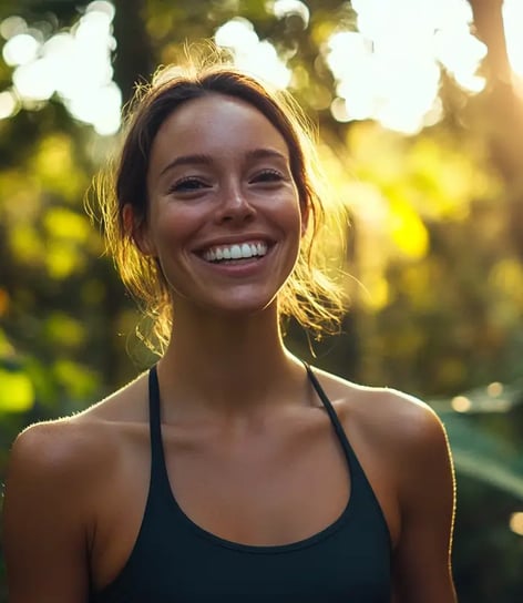 a woman smiling and looking at the camera