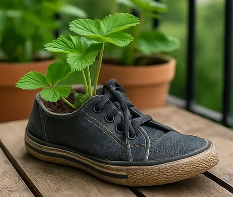 Plant de fraisier poussant dans une vieille chaussure en toile utilisée comme pot de fleurs
