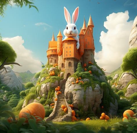 a white rabbit sitting on a hilltop castle