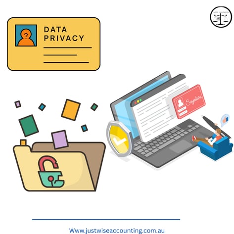 Data privacy graphic with locked folder and signed document on laptop.