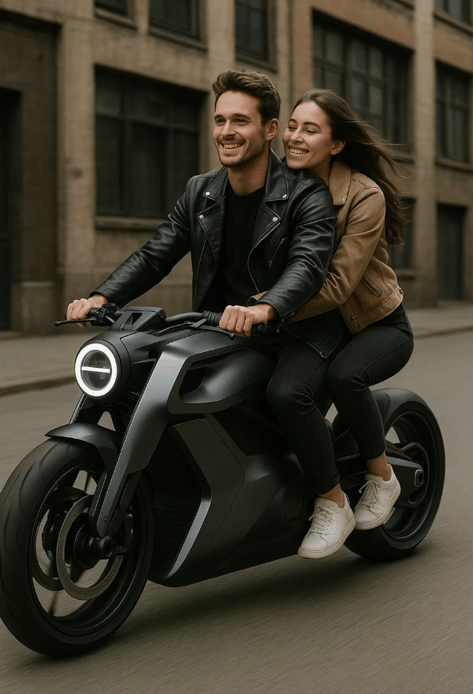 Un couple sur une moto au design futuriste pour la journée mondiale de la moto.