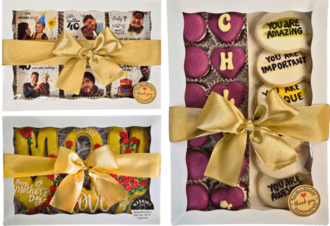 Gift boxes of custom-decorated cookies, beautifully presented and perfect for gifts, surprises, and spreading love