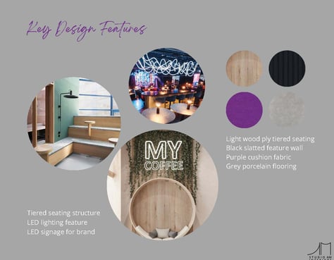 moodboard of wood, neon, purple, black