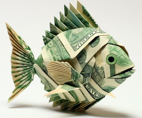 Poisson confectionné en billet de banque.