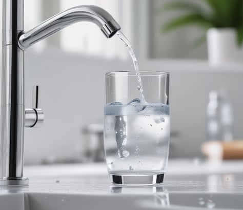 A vintage-style water filter with a classic design stands next to a counter. The counter is topped with glass bottles and stacked paper cups. A colorful poster is visible on the side of the counter. The room features large windows with a view of greenery outside.