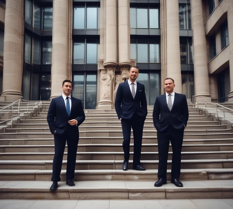 A group of people dressed in formal attire are standing in front of a real estate office. The storefront displays a large sign with an URL and various social media icons, and text in a foreign language. The group mostly consists of men in white shirts and dark trousers, standing in a straight line, with two women at either end of the row.