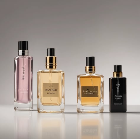 An elegantly arranged display of luxury fragrance items, featuring a large bottle of perfume with a black cap, a matching rectangular box, and a smaller box. The items are adorned with a golden chain draped artfully around them, set against a contrasting background with a patch of black fabric.
