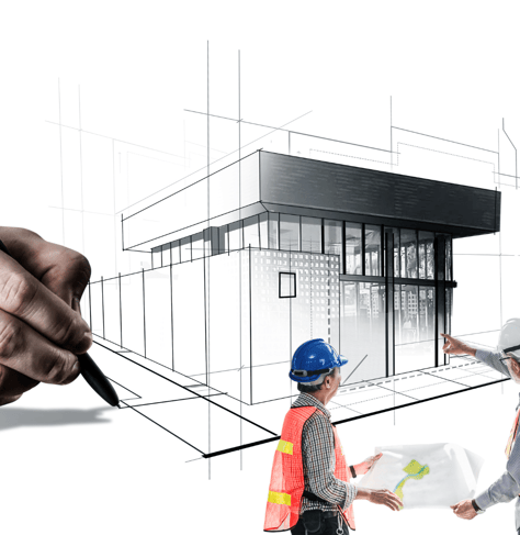 dois homens com um projeto nas mãos e um projeto de obra ao fundo