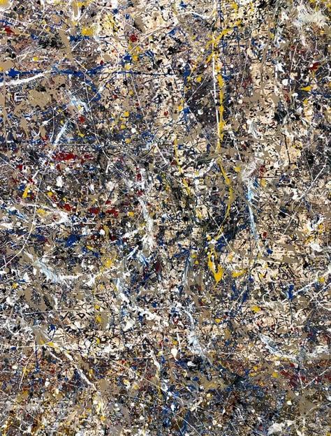 Abstract painting titled "Manic Monday" by Martin Osner, featuring an energetic composition of layered splatters and drips