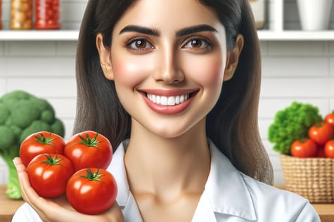 Lejra a woman in a lab coat holding tomatoes