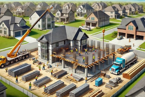 Professional construction site in Kansas City showing workers rebuilding a family home with steel be
