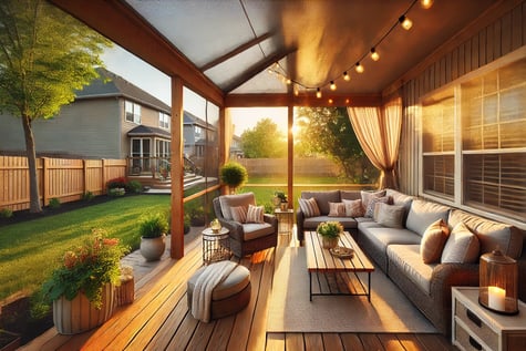 Screened-in deck in Kansas City with fine-mesh screens and cozy furniture.