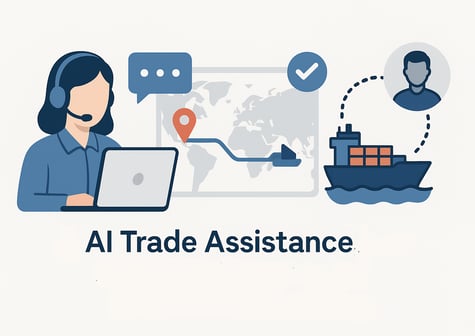 Illustration showing an AI trade assistant using a headset and laptop, a global map with a shipping route, a cargo ship track