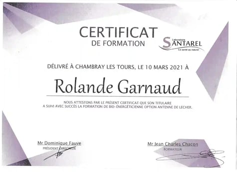 Certificat de formation de Rolande Garnaud Bio-Energéticienne option antenne de Lecher