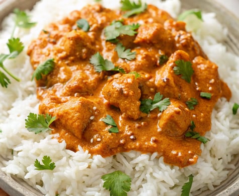 butter chicken and rice on plate