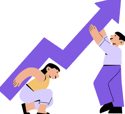 a man and woman are holding up a large purple arrow