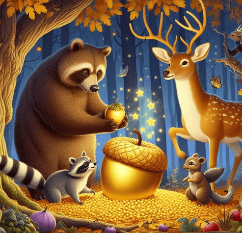 a group of animals and a deer in a forest