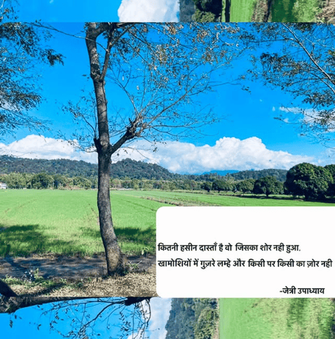 A bright countryside landscape with a Hindi quote by Jaitry Upadhyay about quiet friendships.