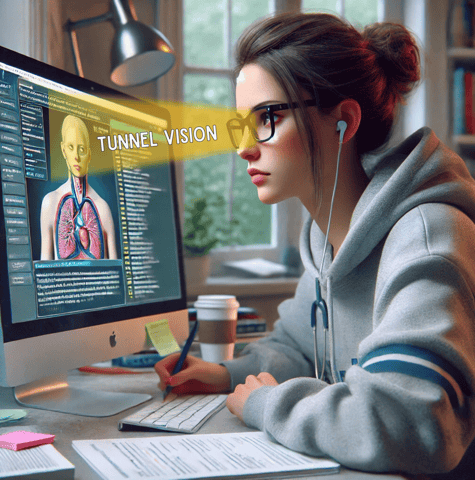 A medical student/resident answering QBank questions missing vignette clues due to tunnel vision.